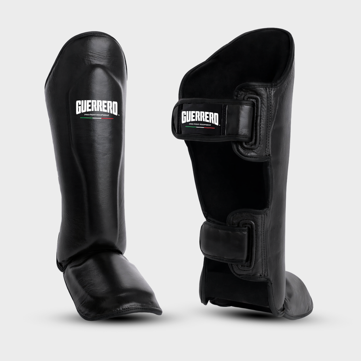 Sparring Kit PRO Handschuhe plus Vollschutz-Kopfschutz und Aufprall-Schienbeinschutz aus schwarzem Echtleder | Guerrero