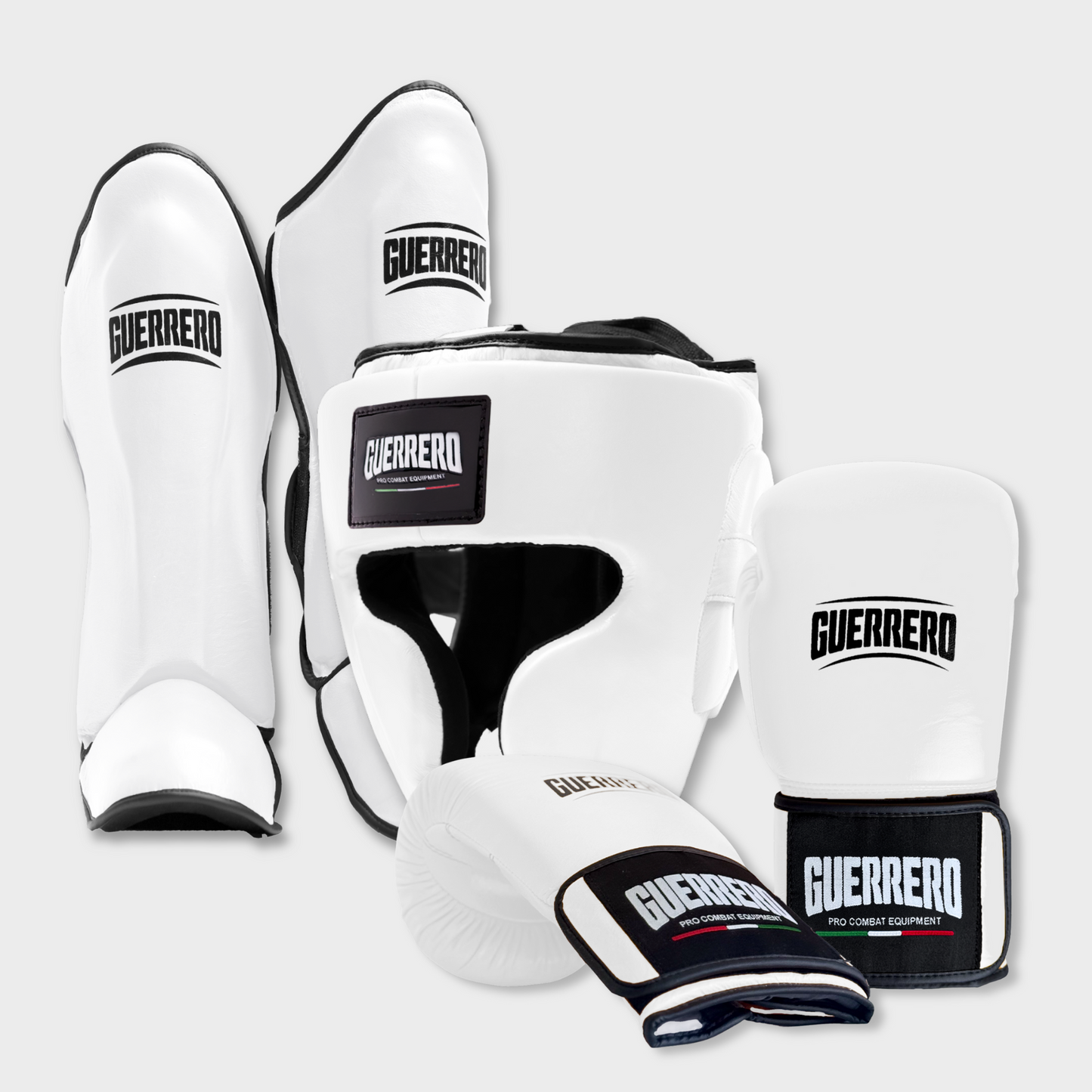 Guantoni Flex Strike Più Caschetto Full Guard E Paratibia Impact Bianchi in vera pelle | Guerrero