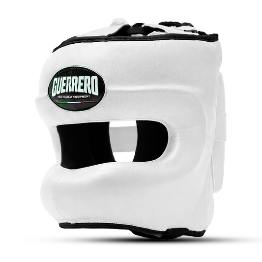 Casco de boxeo de cuero genuino blanco con protector facial | Guerrero™