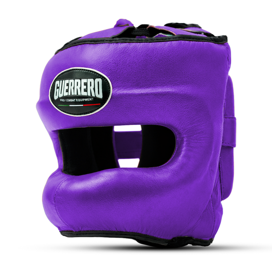 Casco de boxeo de cuero genuino morado con protector facial | Guerrero™