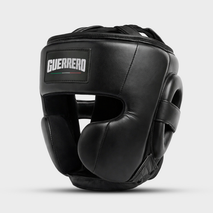 Sparring Kit PRO Handschuhe plus Vollschutz-Kopfschutz und Aufprall-Schienbeinschutz aus schwarzem Echtleder | Guerrero