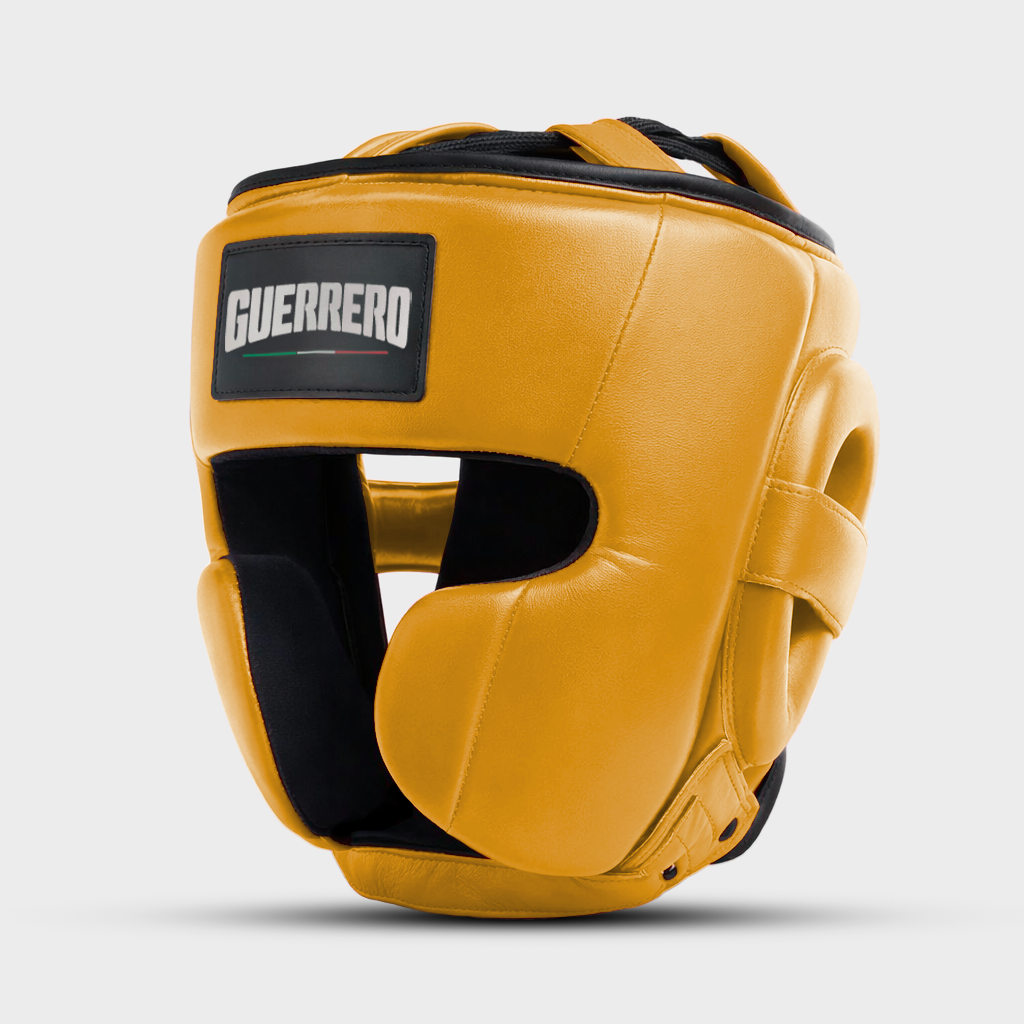 Kit d'entraînement Sparring Kit PRO : Gants, casque intégral et protège-tibias Impact Gold en cuir véritable | Guerrero