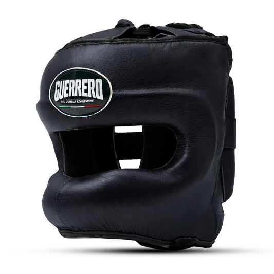 Casco de boxeo de cuero genuino negro con protector facial | Guerrero™