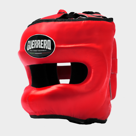 Casque de boxe en cuir véritable rouge avec visière | Guerrero™