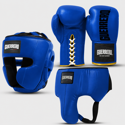 Sparring Kit Guantoni Titan Laces Più Caschetto Full Guard E Conchiglia Protettiva Blu in vera pelle | Guerrero