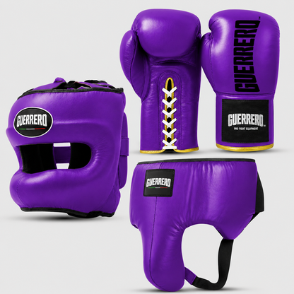 Sparring Kit Guantoni Titan Laces Più Caschetto Max Vision e Conchiglia Protettiva Viola in vera pelle | Guerrero