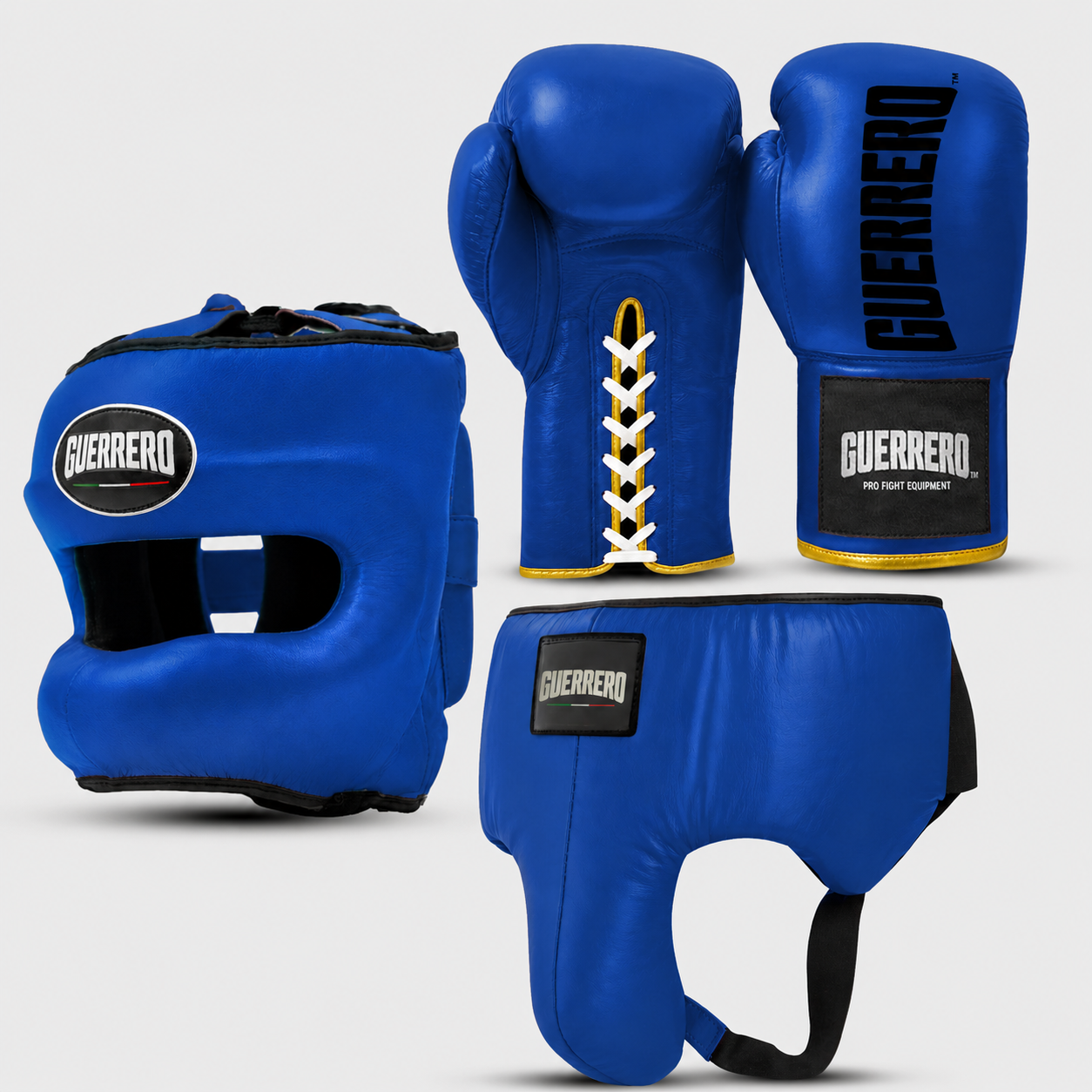 Sparring Kit Guantoni Titan Laces Più Caschetto Max Vision e Conchiglia Protettiva Blu in vera pelle | Guerrero