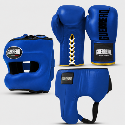Sparring Kit Guantoni Titan Laces Più Caschetto Max Vision e Conchiglia Protettiva Blu in vera pelle | Guerrero
