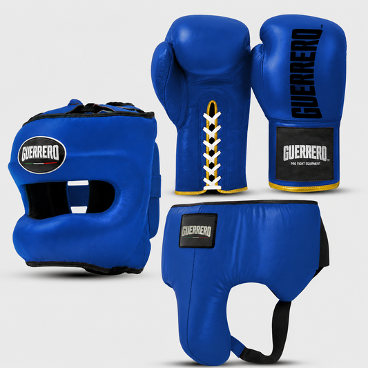 Sparring Kit Guantoni Titan Laces Più Caschetto Max Vision e Conchiglia Protettiva Blu in vera pelle | Guerrero