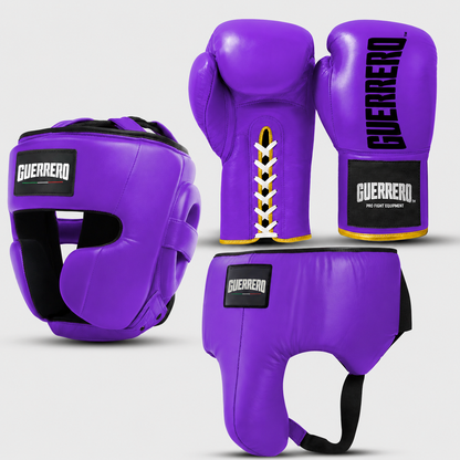 Sparring Kit Guantoni Titan Laces Più Caschetto Full Guard E Conchiglia Protettiva Viola in vera pelle | Guerrero