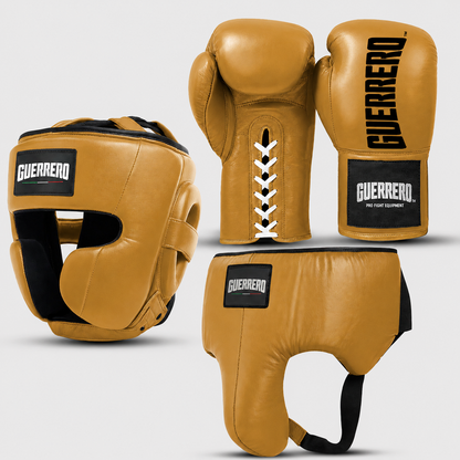 Sparring Kit Guantoni Titan Laces Più Caschetto Full Guard E Conchiglia Protettiva Oro in vera pelle | Guerrero