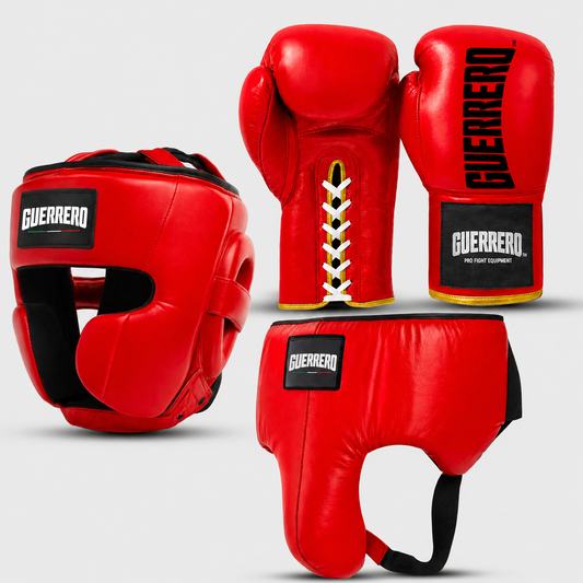 Sparring Kit Guantoni Titan Laces Più Caschetto Full Guard E Conchiglia Protettiva Rossi in vera pelle | Guerrero
