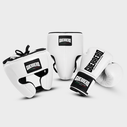Sparring Kit PRO Gloves Plus Full Guard Headguard and Protective White Cup in Genuine Leather | Guerrero