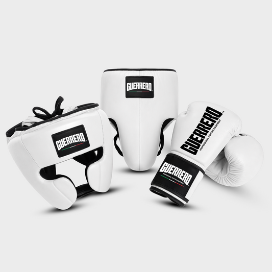 Sparring Kit Guantoni PRO Più Caschetto Full Guard E Conchiglia Protettiva Bianchi in vera pelle | Guerrero