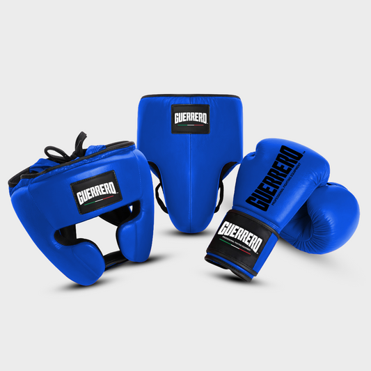 Sparring Kit Guantoni PRO Più Caschetto Full Guard E Conchiglia Protettiva Blu in vera pelle | Guerrero