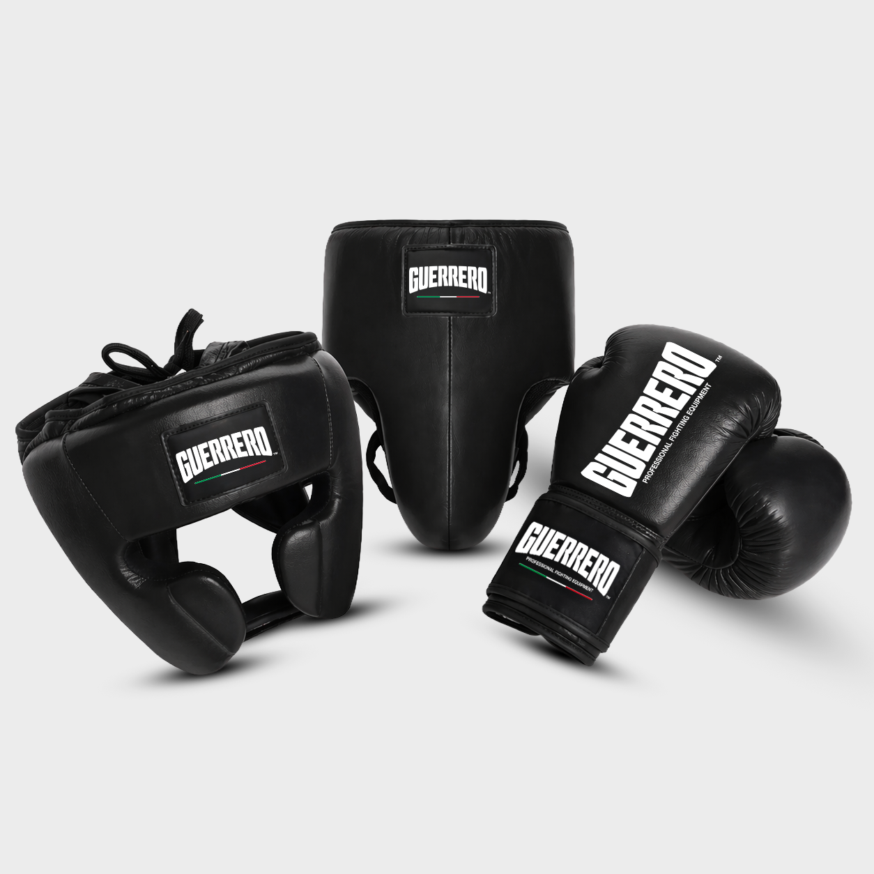 Sparring Kit PRO Gloves Plus Full Guard Headguard and Protective Cup in Black Genuine Leather | Guerrero