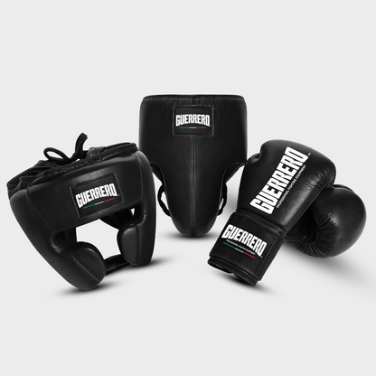 Sparring Kit PRO Gloves Plus Full Guard Headguard and Protective Cup in Black Genuine Leather | Guerrero