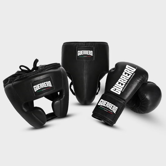 Sparring Kit Guantoni PRO Più Caschetto Full Guard E Conchiglia Protettiva Neri in vera pelle | Guerrero