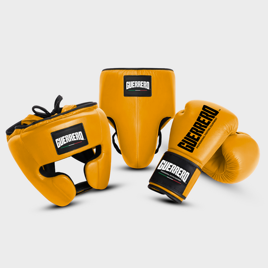 Sparring Kit Guantoni PRO Più Caschetto Full Guard E Conchiglia Protettiva Oro in vera pelle | Guerrero