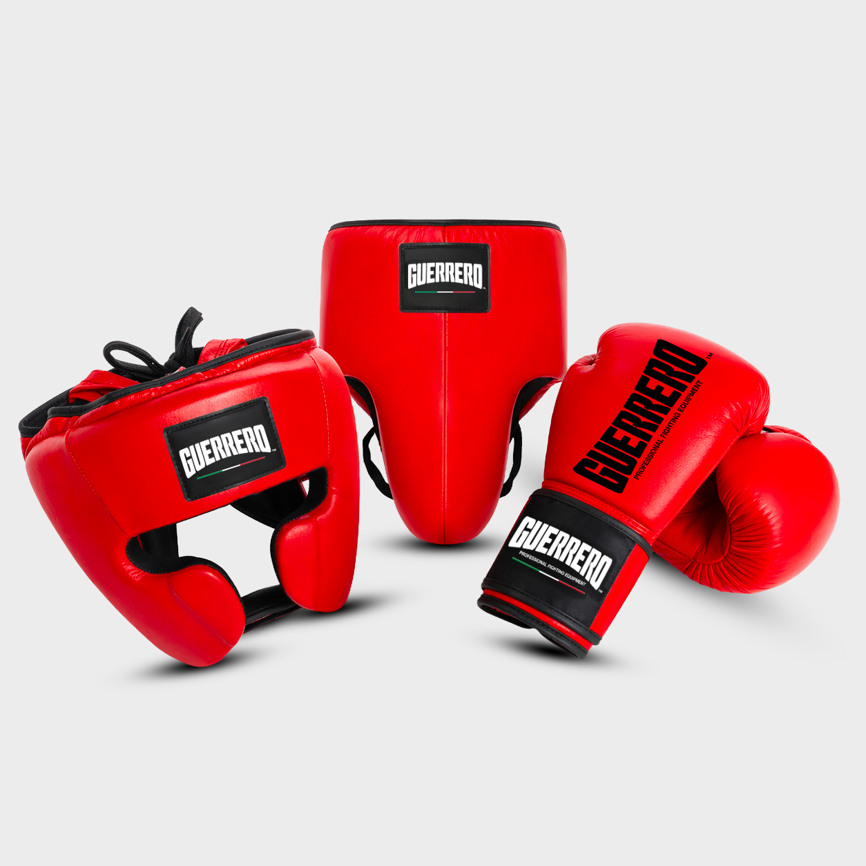 Sparring Kit PRO Gloves Plus Full Guard Headguard and Protective Red Cup in Genuine Leather | Guerrero