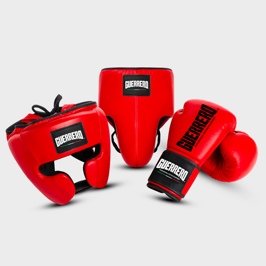 Sparring Kit Guantoni PRO Più Caschetto Full Guard E Conchiglia Protettiva Rossi in vera pelle | Guerrero