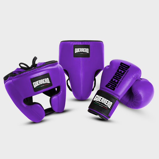 Sparring Kit Guantoni PRO Più Caschetto Full Guard E Conchiglia Protettiva Viola in vera pelle | Guerrero