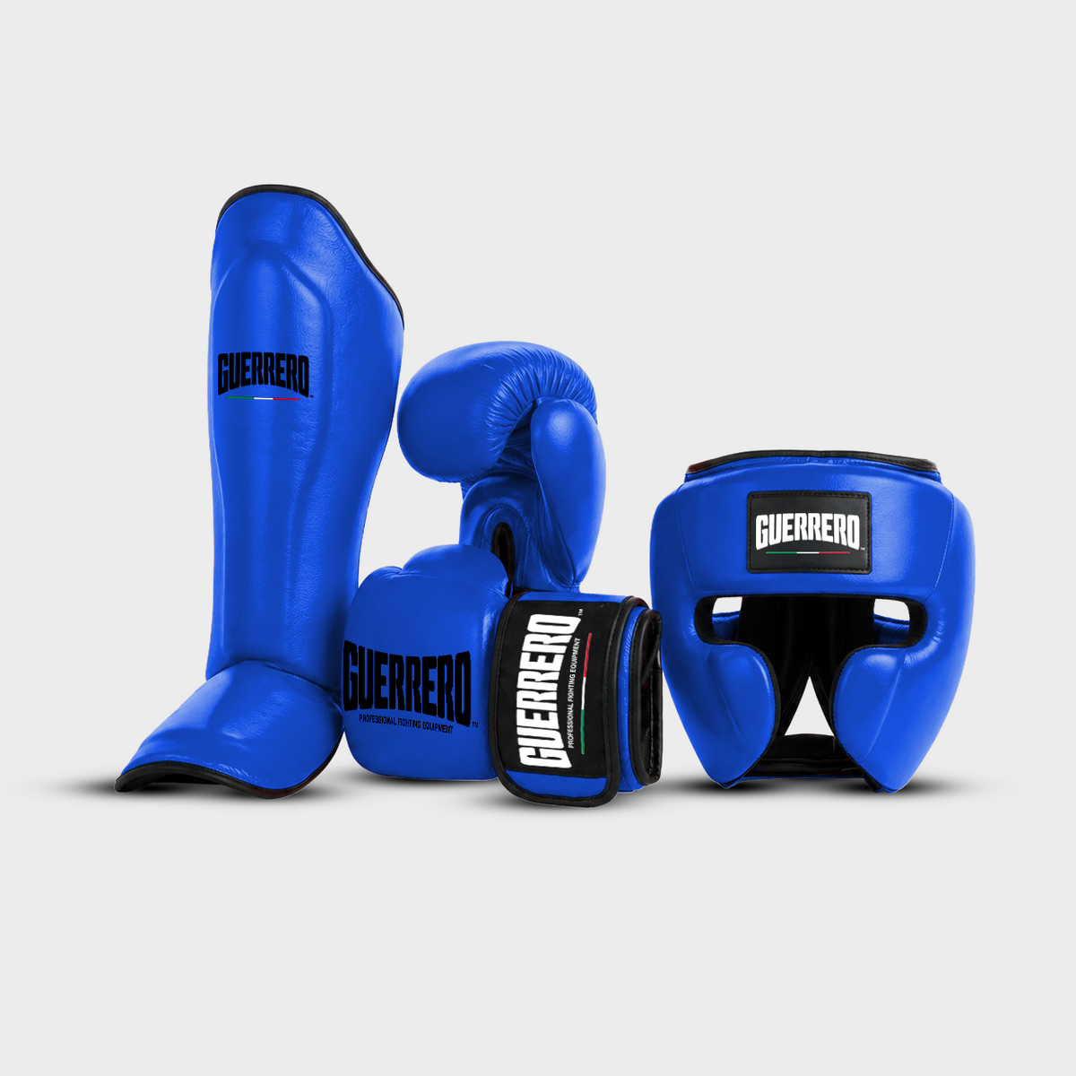 Sparring Kit Guantoni PRO Più Caschetto Full Guard E Paratibia Impact Blu in vera pelle antiodore | Guerrero