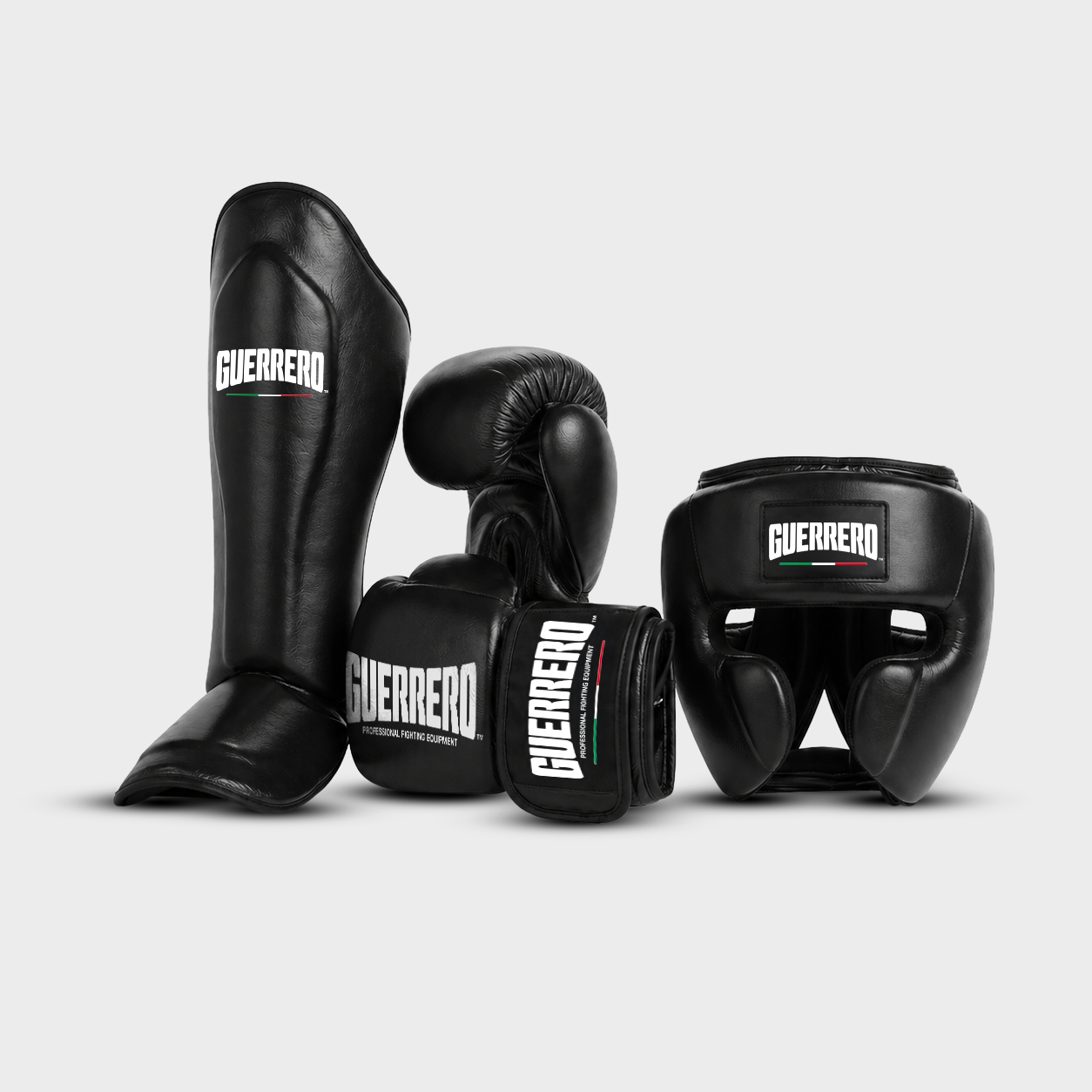 Sparring Kit Guantoni PRO Più Caschetto Full Guard E Paratibia Impact Neri in vera pelle antiodore | Guerrero