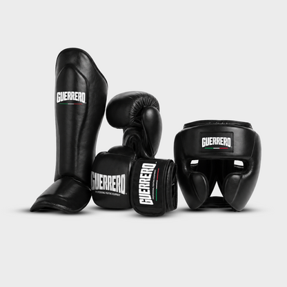 Sparring Kit Guantoni PRO Più Caschetto Full Guard E Paratibia Impact Neri in vera pelle antiodore | Guerrero