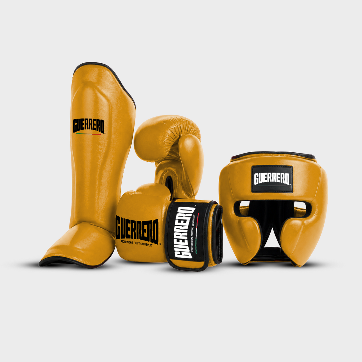Sparring Kit Guantoni PRO Più Caschetto Full Guard E Paratibia Impact Oro in vera pelle antiodore | Guerrero