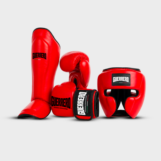 Sparring Kit Guantoni PRO Più Caschetto Full Guard E Paratibia Impact Rossi in vera pelle | Guerrero