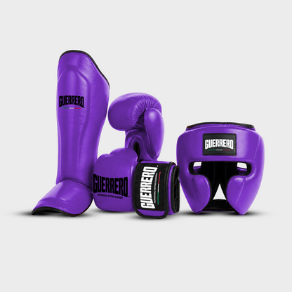Sparring Kit Guantoni PRO Più Caschetto Full Guard E Paratibia Impact Viola in vera pelle antiodore | Guerrero