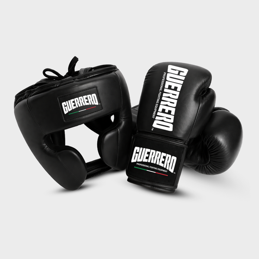 Sparring Kit Guantoni PRO Più Caschetto Full Guard Nero in vera pelle | Guerrero