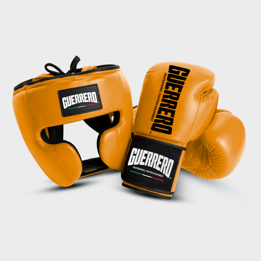 Sparring Kit Guantoni PRO Più Caschetto Full Guard Oro in vera pelle | Guerrero
