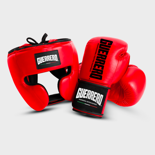 Sparring Kit Guantoni PRO Più Caschetto Full Guard Rossi in vera pelle | Guerrero