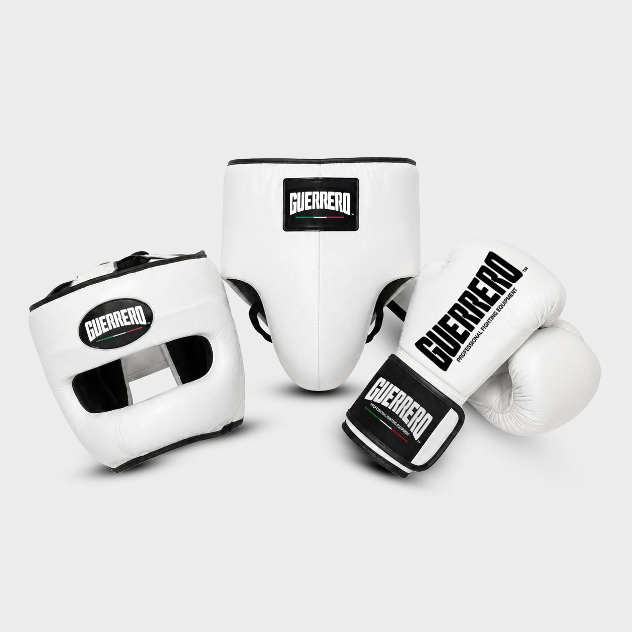 Sparring Kit PRO Gloves Plus Max Vision Headguard and White Protective Cup in Genuine Leather | Guerrero