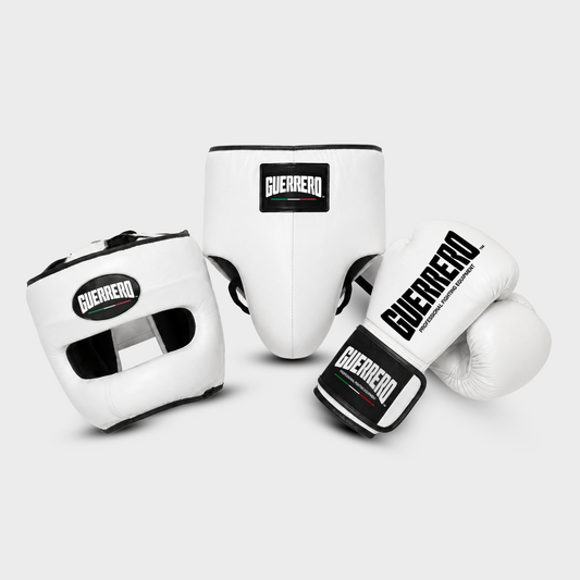 Sparring Kit Guantoni PRO Più Caschetto Max Vision e Conchiglia Protettiva Bianchi in vera pelle | Guerrero