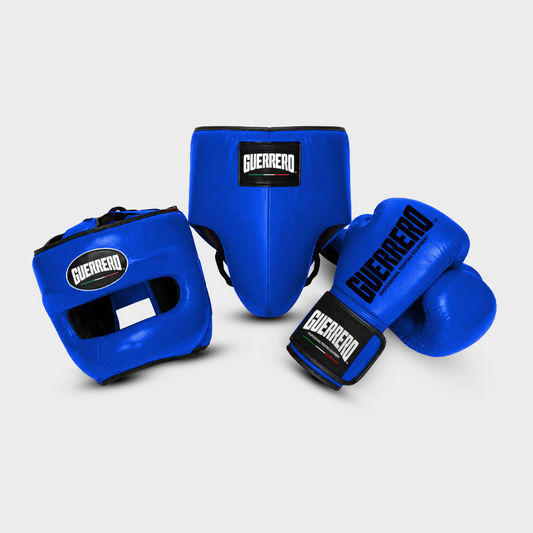 Sparring Kit Guantoni PRO Più Caschetto Max Vision e Conchiglia Protettiva Blu in vera pelle | Guerrero