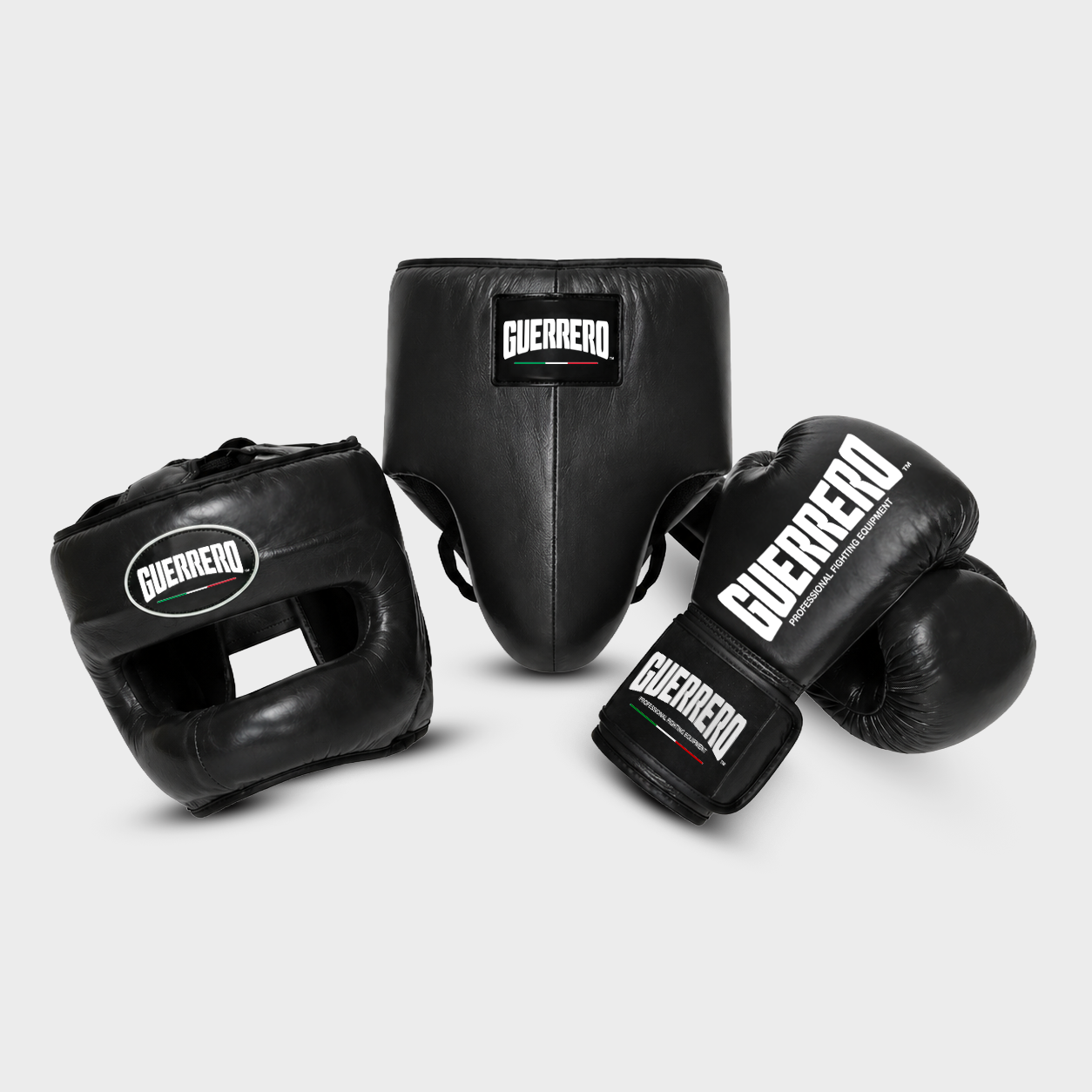 Sparring Kit PRO Gloves Plus Max Vision Headguard and Black Protective Cup in Genuine Leather | Guerrero