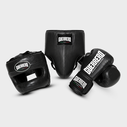 Sparring Kit PRO Gloves Plus Max Vision Headguard and Black Protective Cup in Genuine Leather | Guerrero
