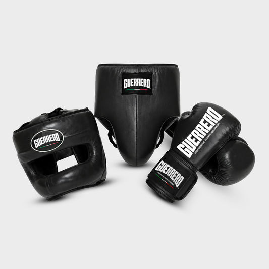 Sparring Kit Guantoni PRO Più Caschetto Max Vision e Conchiglia Protettiva Nero in vera pelle | Guerrero
