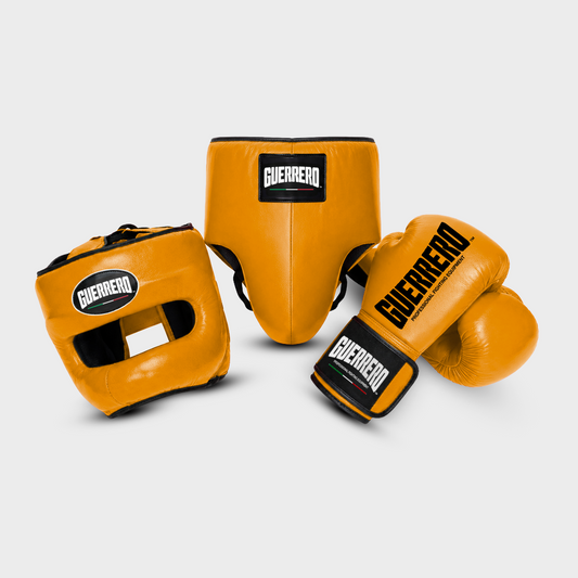 Sparring Kit Guantoni PRO Più Caschetto Max Vision e Conchiglia Protettiva Oro in vera pelle | Guerrero