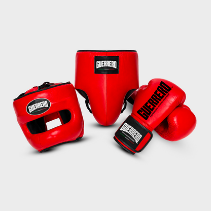 Sparring Kit PRO Gloves Plus Max Vision Headguard and Red Protective Cup in Genuine Leather | Guerrero