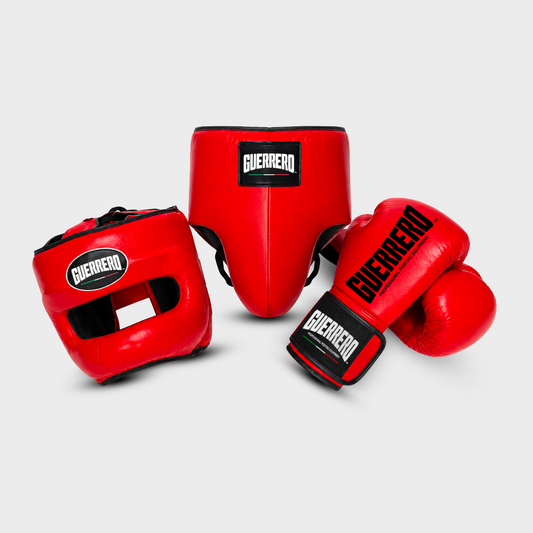 Sparring Kit Guantoni PRO Più Caschetto Max Vision e Conchiglia Protettiva Rossa in vera pelle | Guerrero