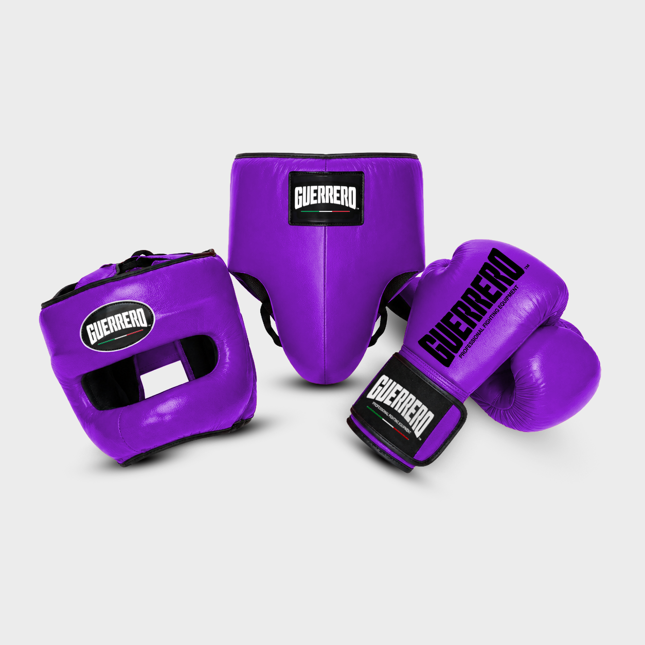 Sparring Kit PRO Gloves Plus Max Vision Headguard and Purple Protective Cup in Genuine Leather | Guerrero