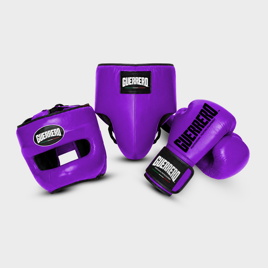 Sparring Kit Guantoni PRO Più Caschetto Max Vision e Conchiglia Protettiva Viola in vera pelle | Guerrero