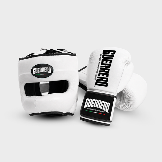 Sparring Kit Guantoni PRO Più Caschetto Face Shield Bianco in vera pelle | Guerrero