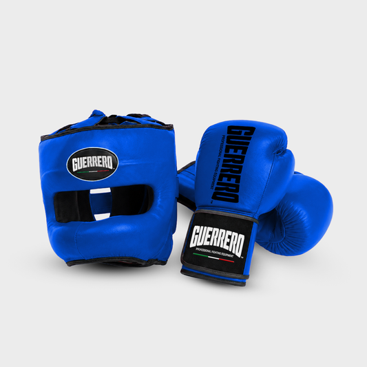 Sparring Kit Guantoni PRO Più Caschetto Max Vision Blu in vera pelle | Guerrero