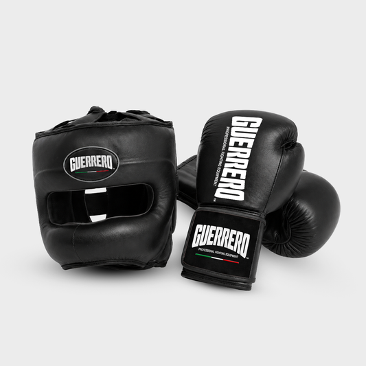 Sparring Kit Guantoni PRO Più Caschetto Max Vision Nero in vera pelle | Guerrero
