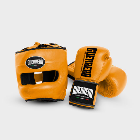 Sparring Kit Guantoni PRO Più Caschetto Max Vision Oro in vera pelle | Guerrero